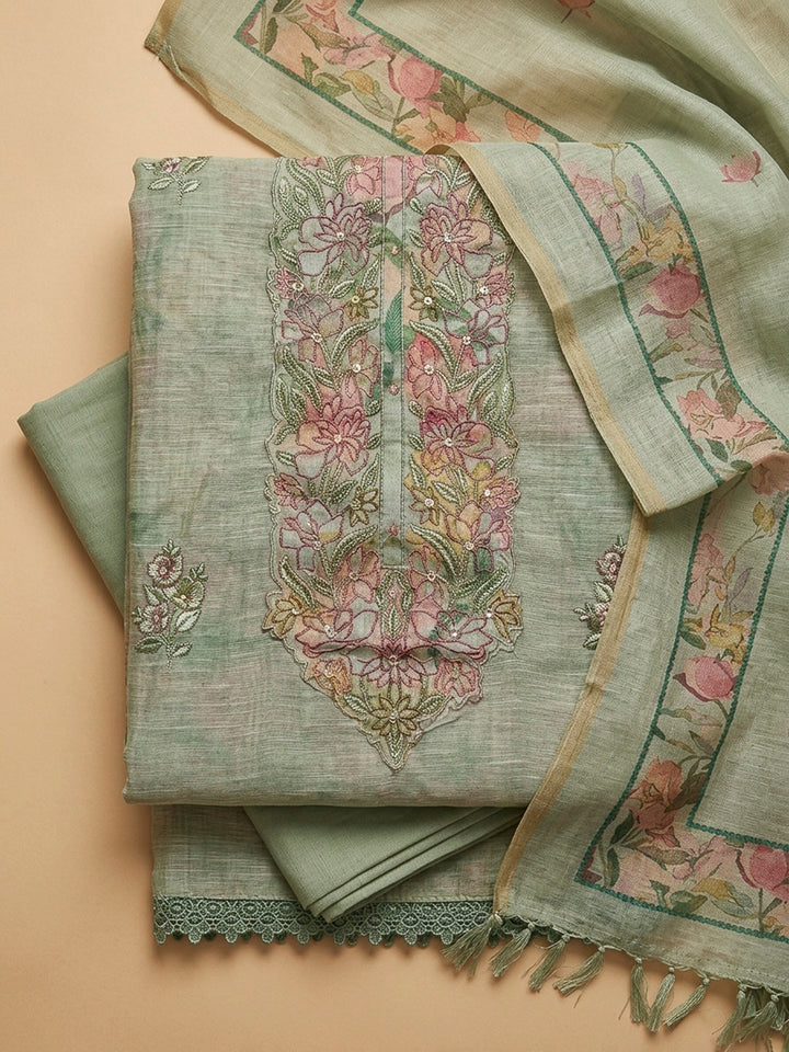 Aqua Green Printed Chanderi Unstitched Dress Material