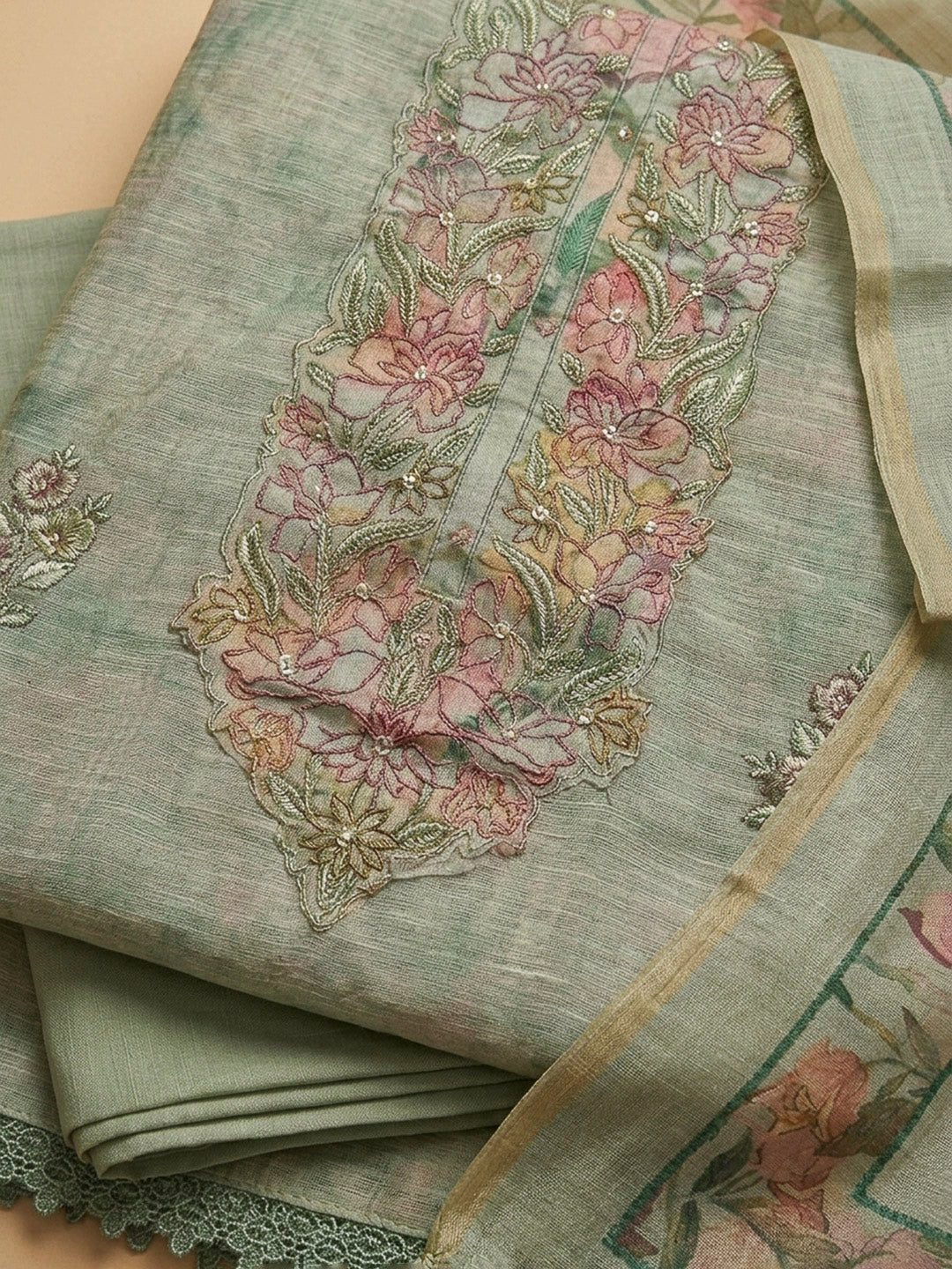 Aqua Green Printed Chanderi Unstitched Dress Material
