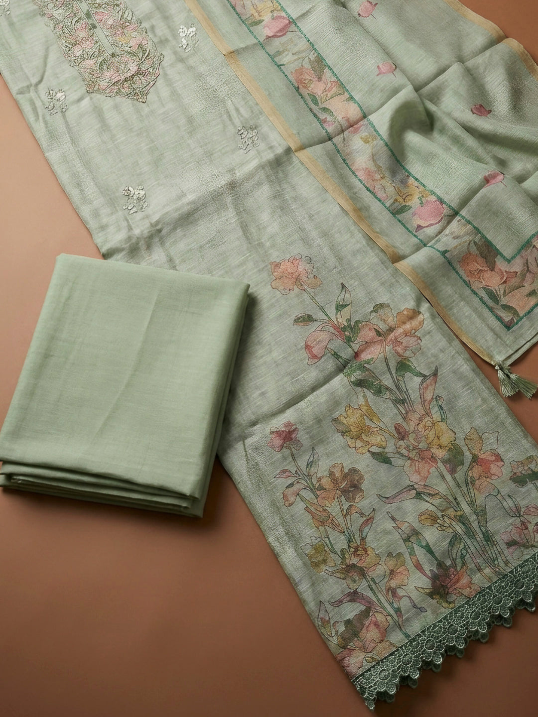 Aqua Green Printed Chanderi Unstitched Dress Material