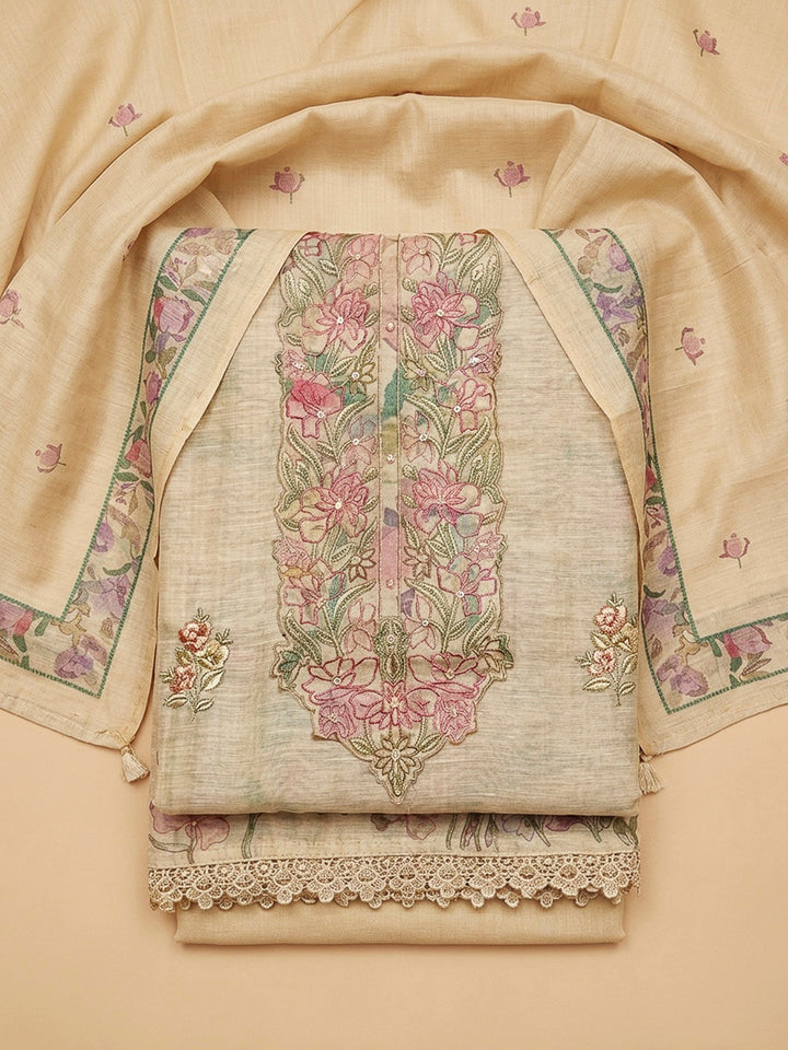 Beige Printed Chanderi Unstitched Dress Material