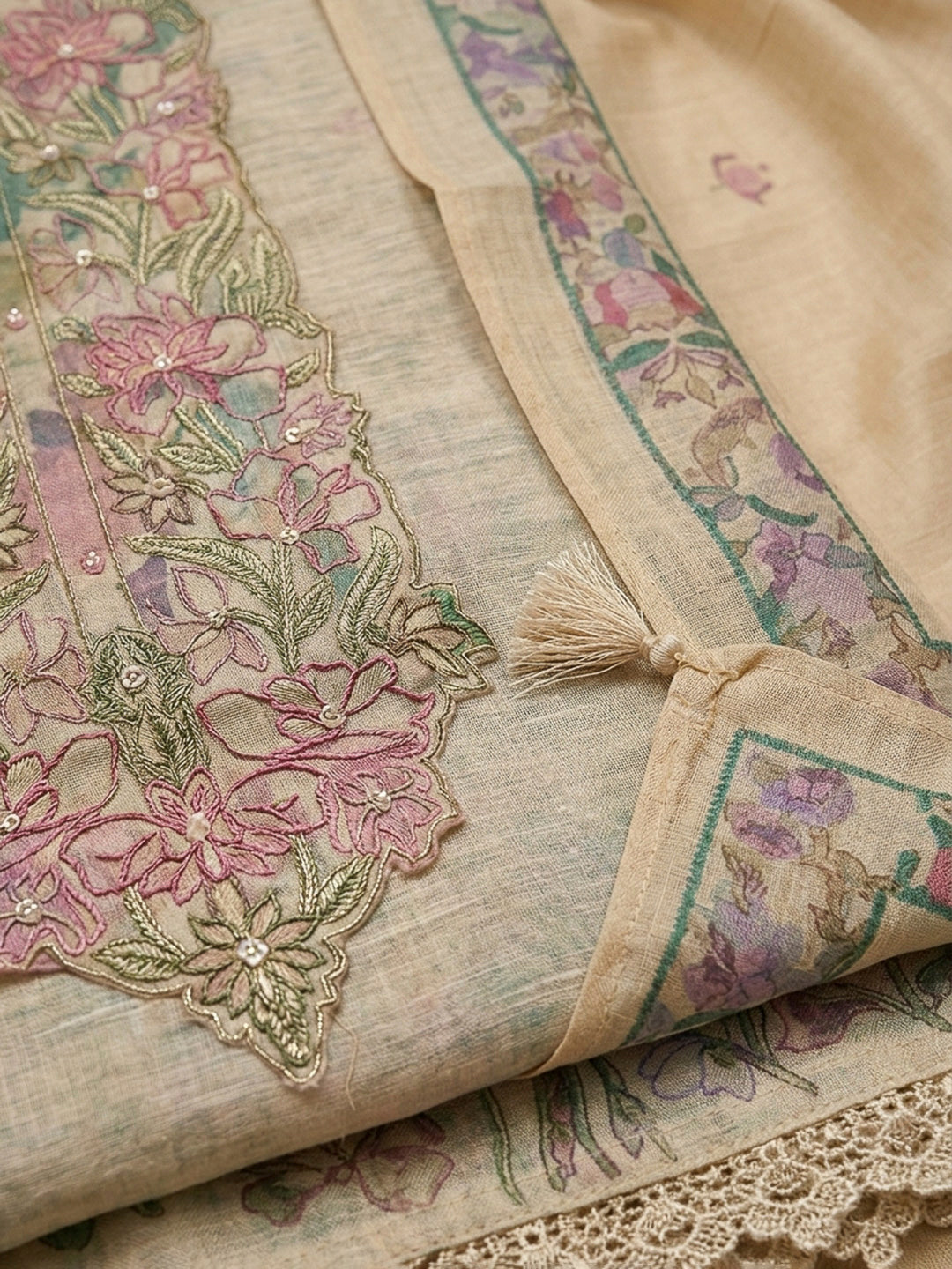 Beige Printed Chanderi Unstitched Dress Material