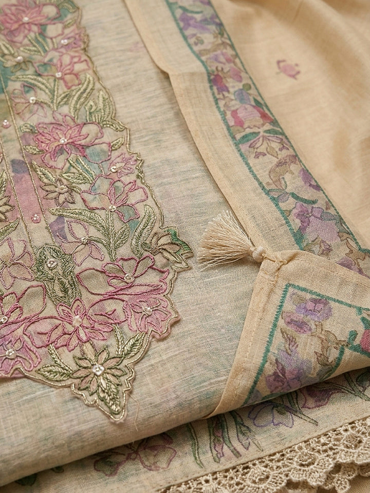 Beige Printed Chanderi Unstitched Dress Material
