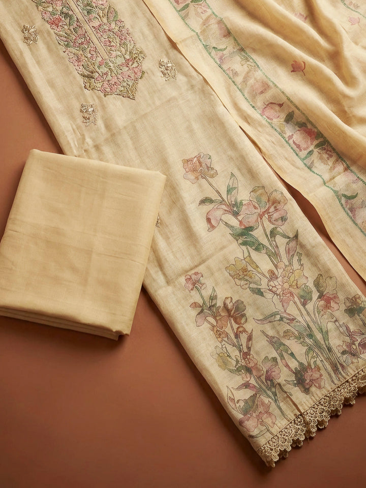 Beige Printed Chanderi Unstitched Dress Material