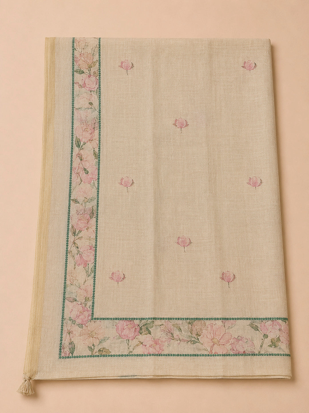 Beige Printed Chanderi Unstitched Dress Material