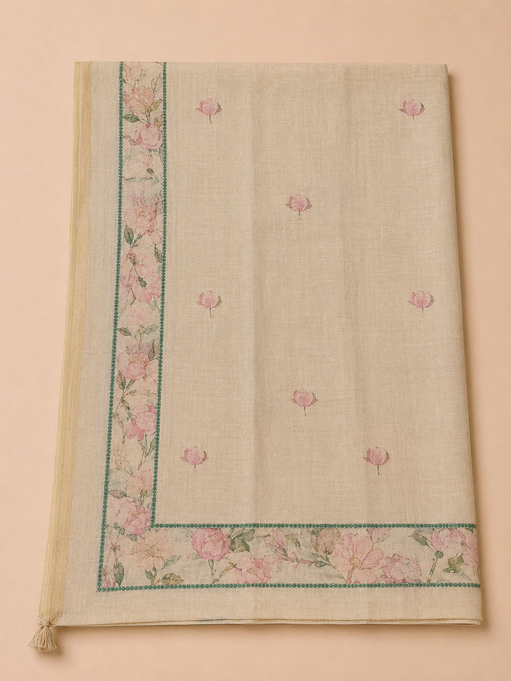 Beige Printed Chanderi Unstitched Dress Material