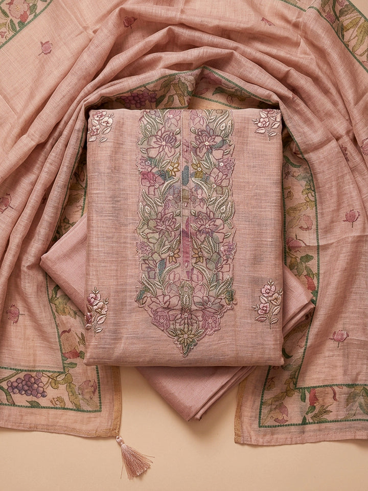 Onion Pink Printed Chanderi Unstitched Dress Material