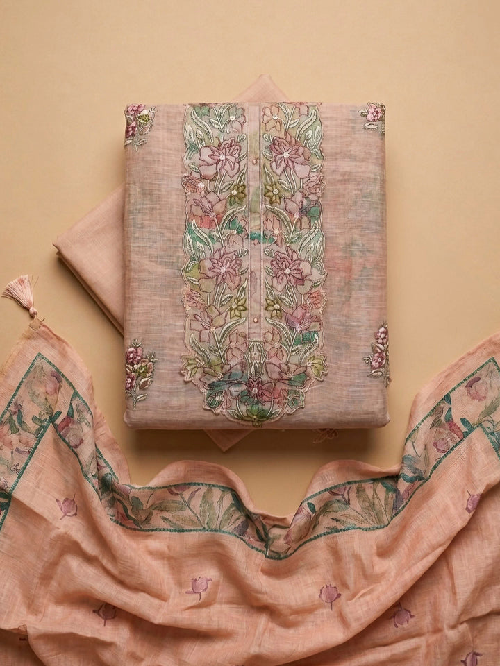 Peach Printed Chanderi Unstitched Dress Material