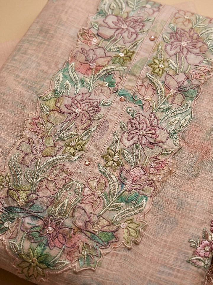 Peach Printed Chanderi Unstitched Dress Material