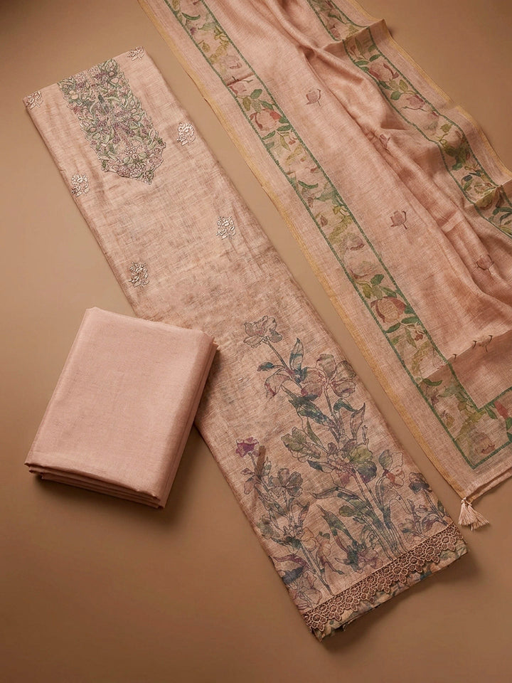 Peach Printed Chanderi Unstitched Dress Material