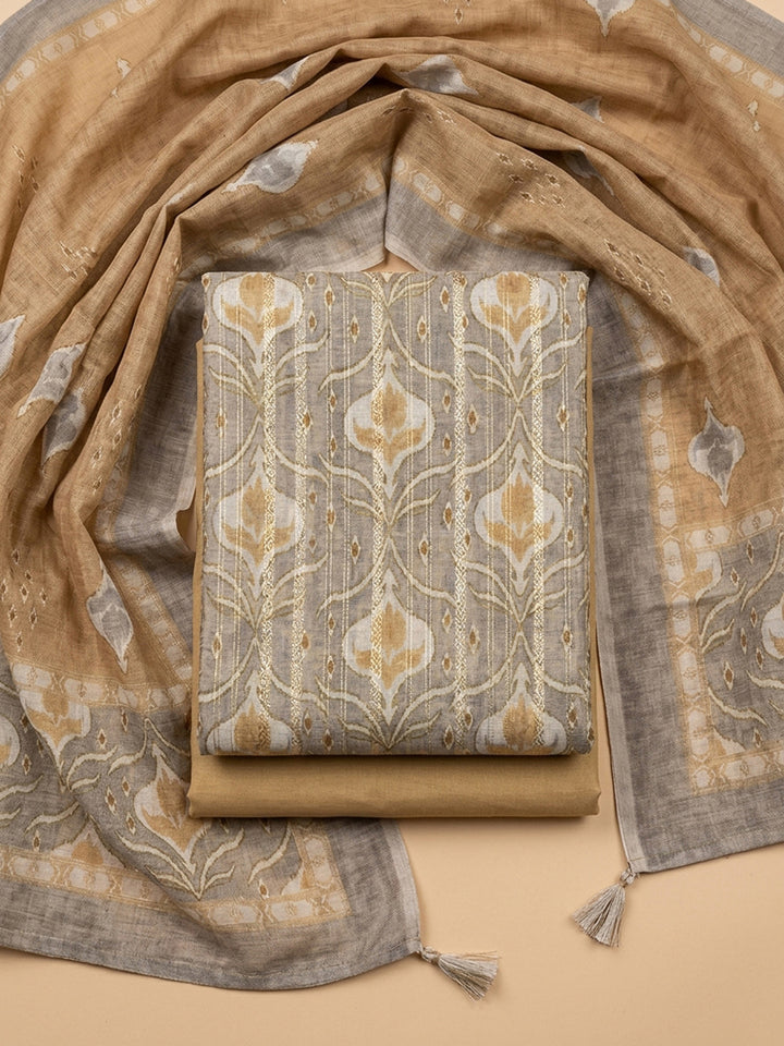 Beige Printed Chanderi Unstitched Dress Material