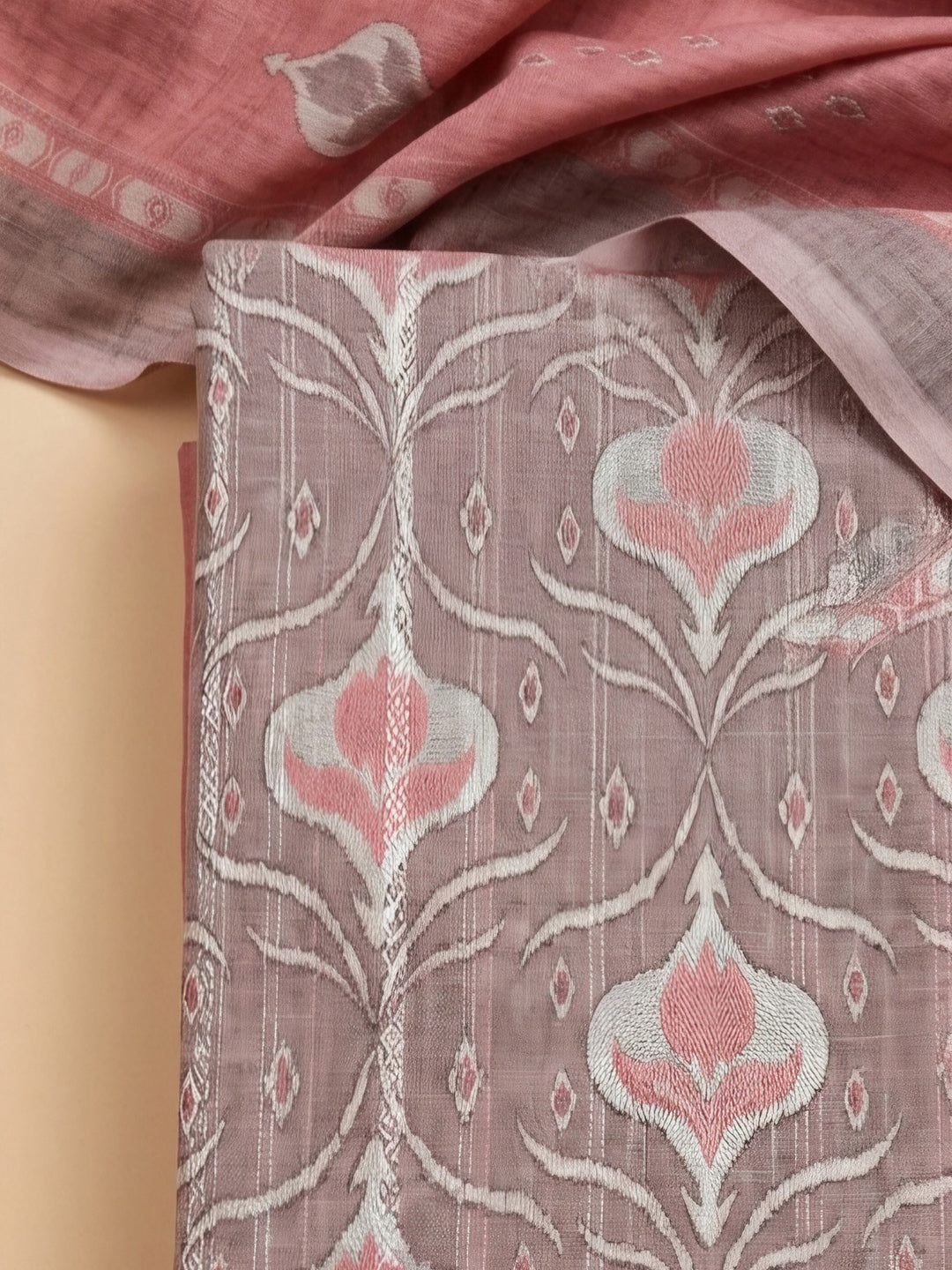 Peach Printed Chanderi Unstitched Dress Material