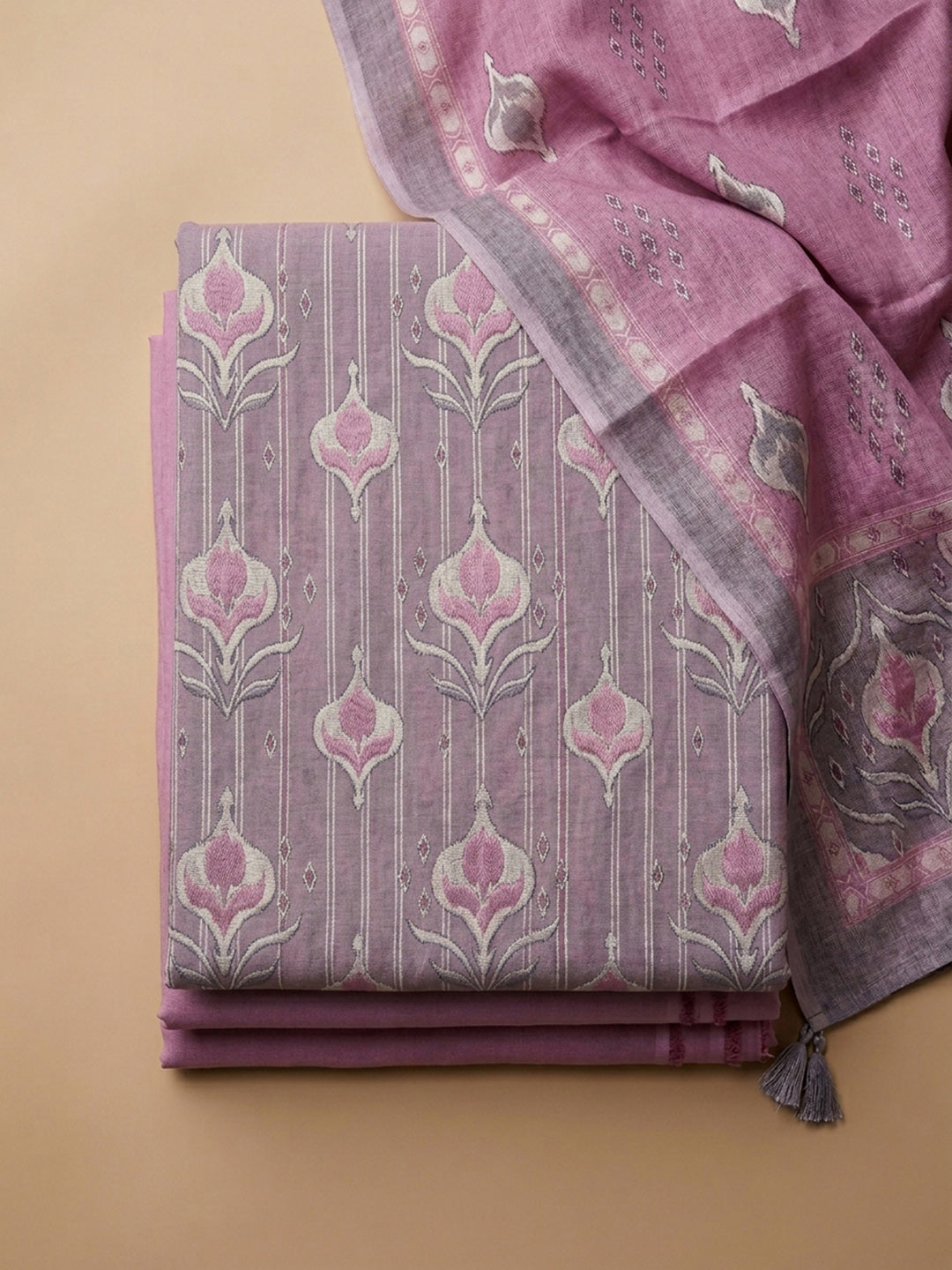 Pink Printed Chanderi Unstitched Dress Material