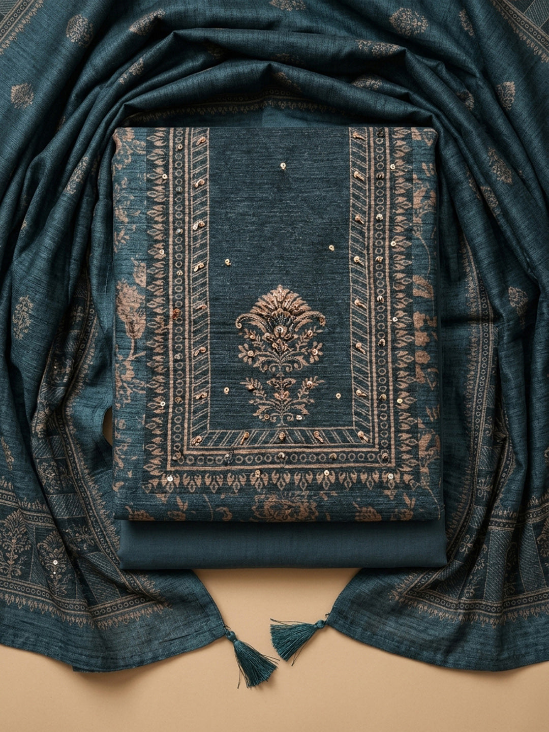 Blue Printed Chanderi Unstitched Dress Material