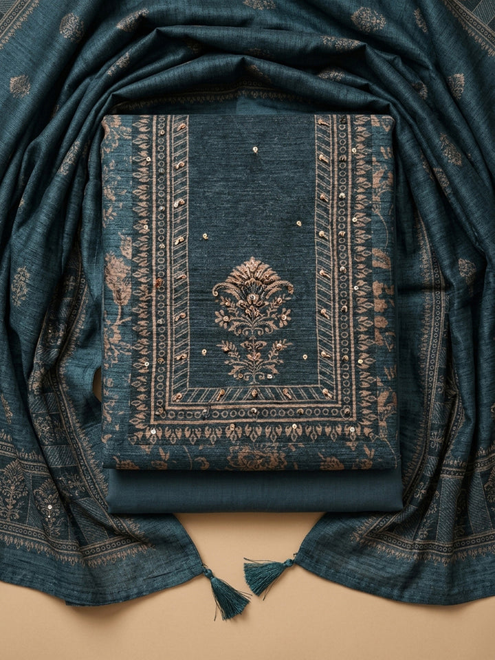 Blue Printed Chanderi Unstitched Dress Material