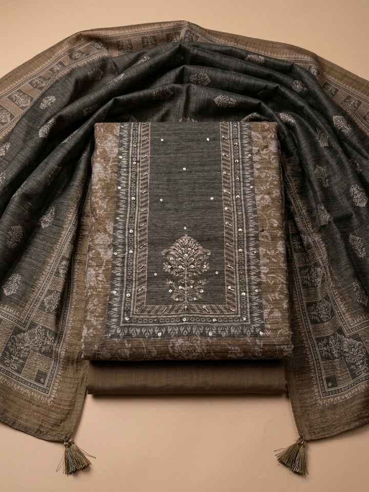 Brown Printed Chanderi Unstitched Dress Material