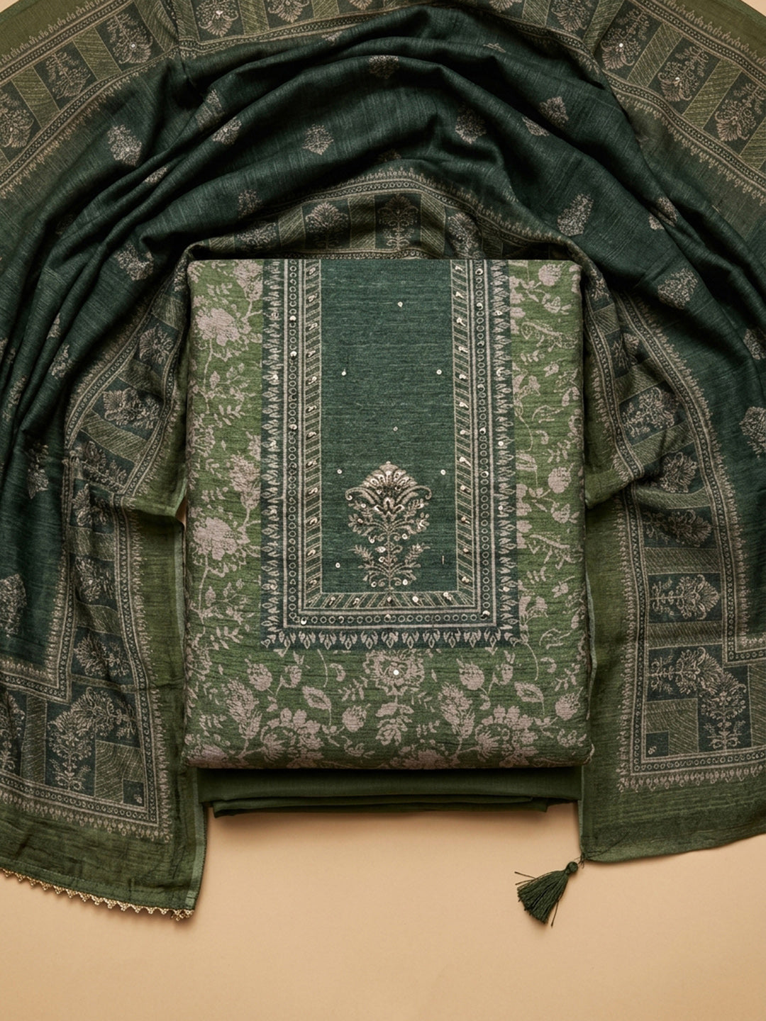 Green Printed Chanderi Unstitched Dress Material