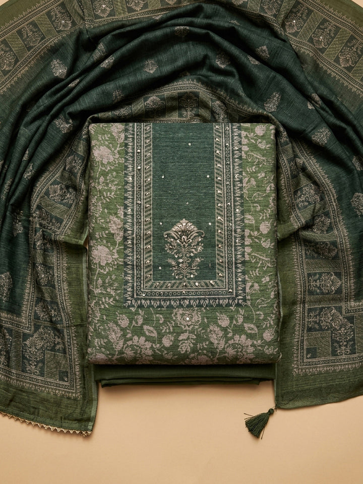Green Printed Chanderi Unstitched Dress Material
