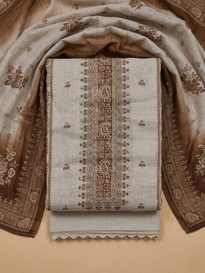 Beige Printed Linen Blend Unstitched Dress Material
