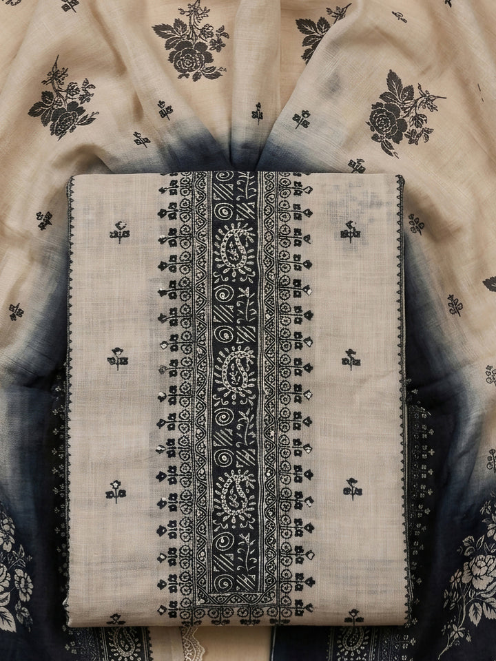 Black Printed Linen Blend Unstitched Dress Material