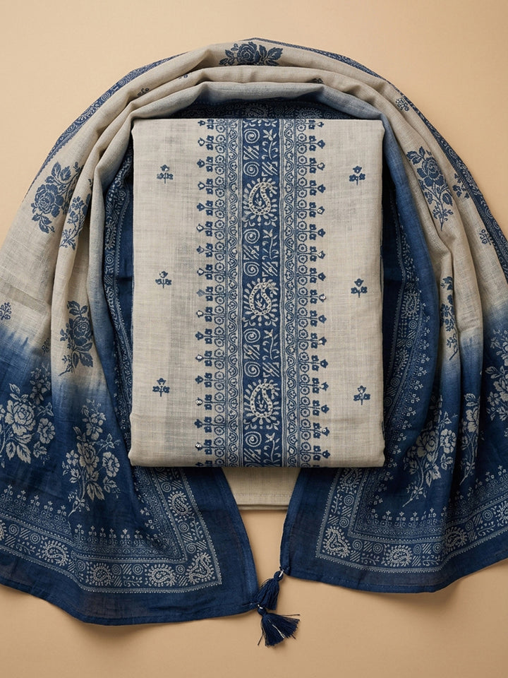 Blue Printed Linen Blend Unstitched Dress Material