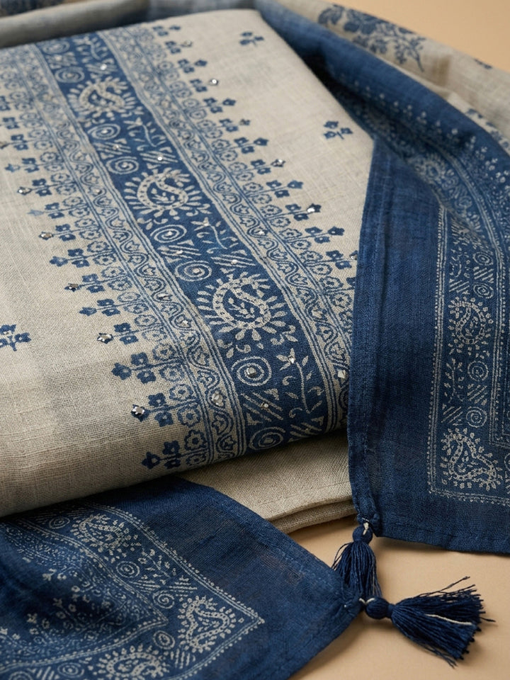 Blue Printed Linen Blend Unstitched Dress Material