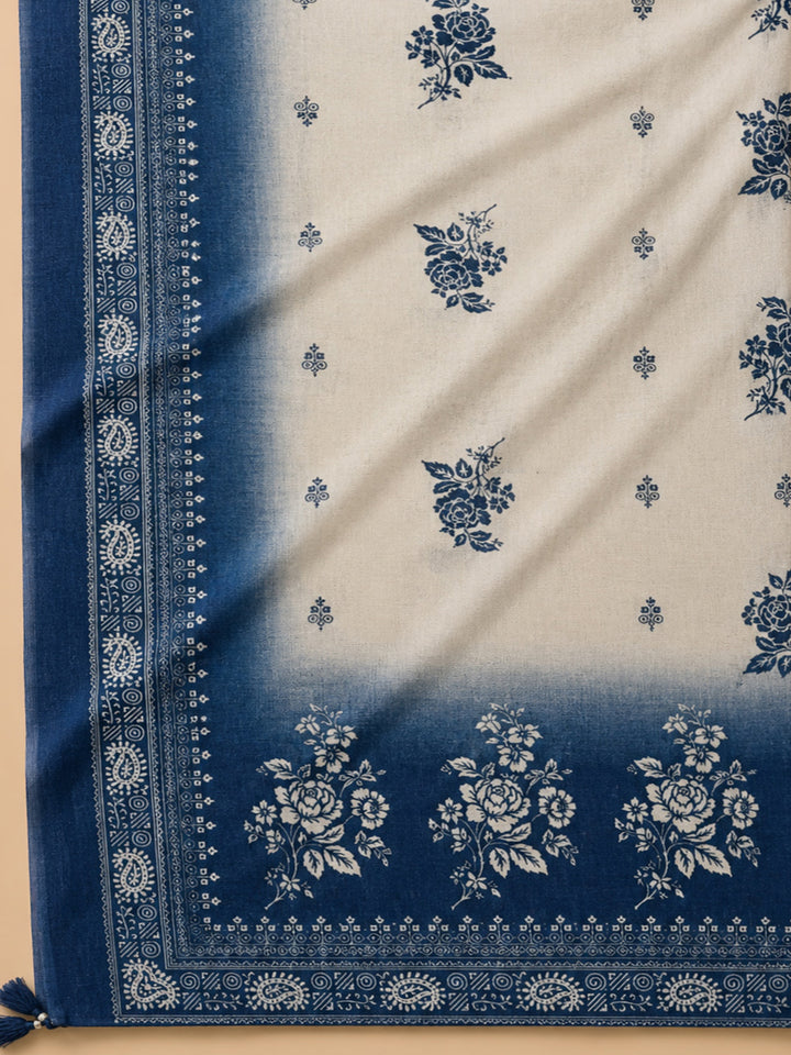Blue Printed Linen Blend Unstitched Dress Material
