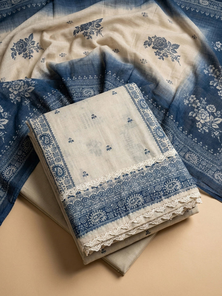 Blue Printed Linen Blend Unstitched Dress Material