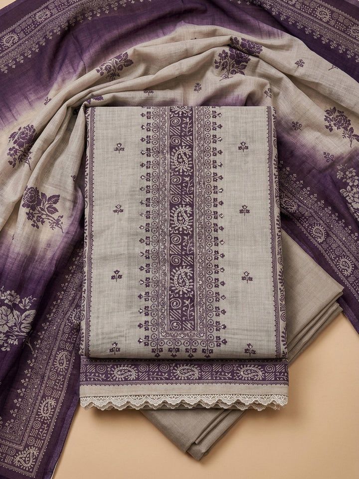 Purple Printed Linen Blend Unstitched Dress Material