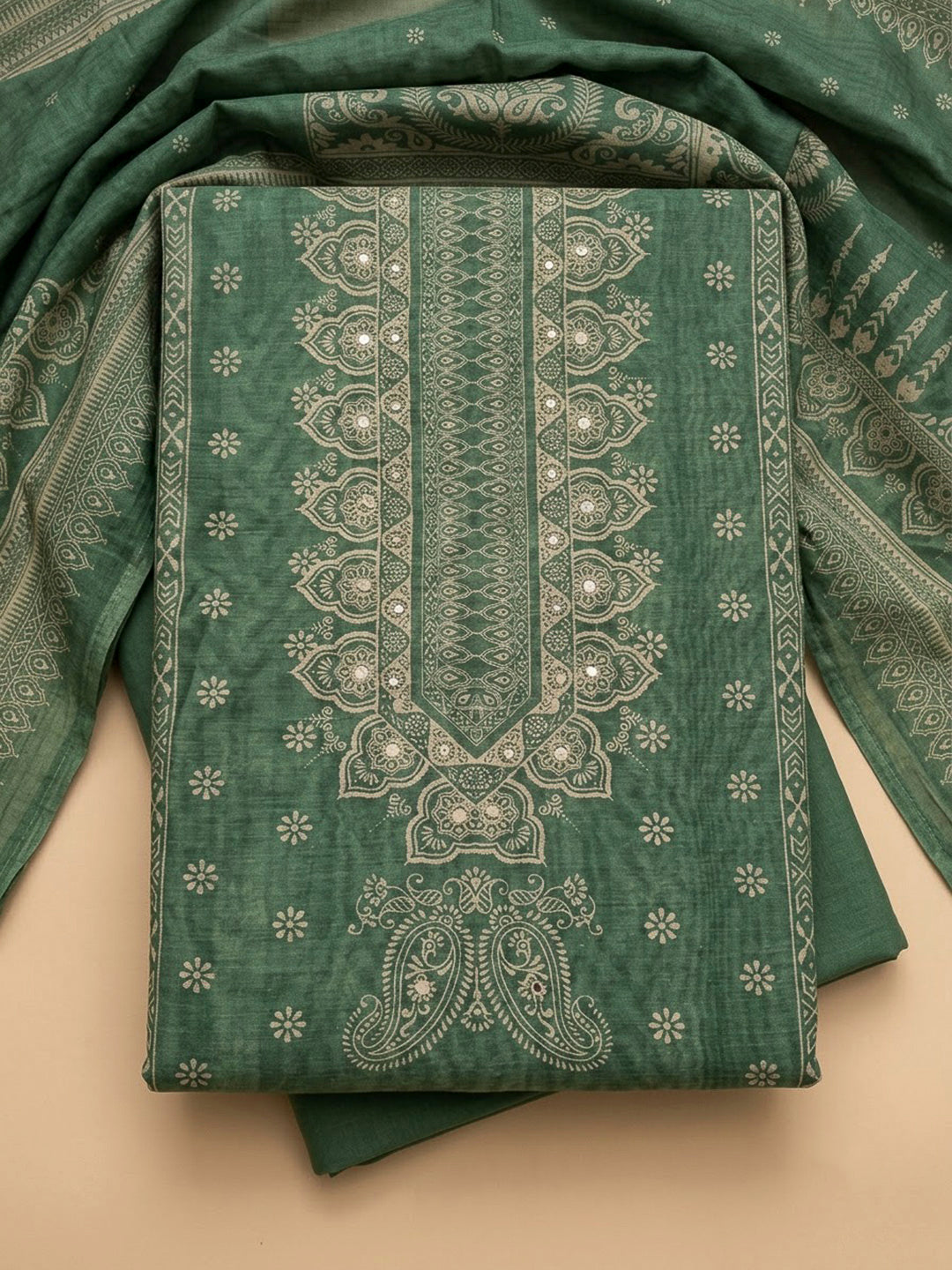 Aqua Green Chanderi Printed Unstitched Dress Material