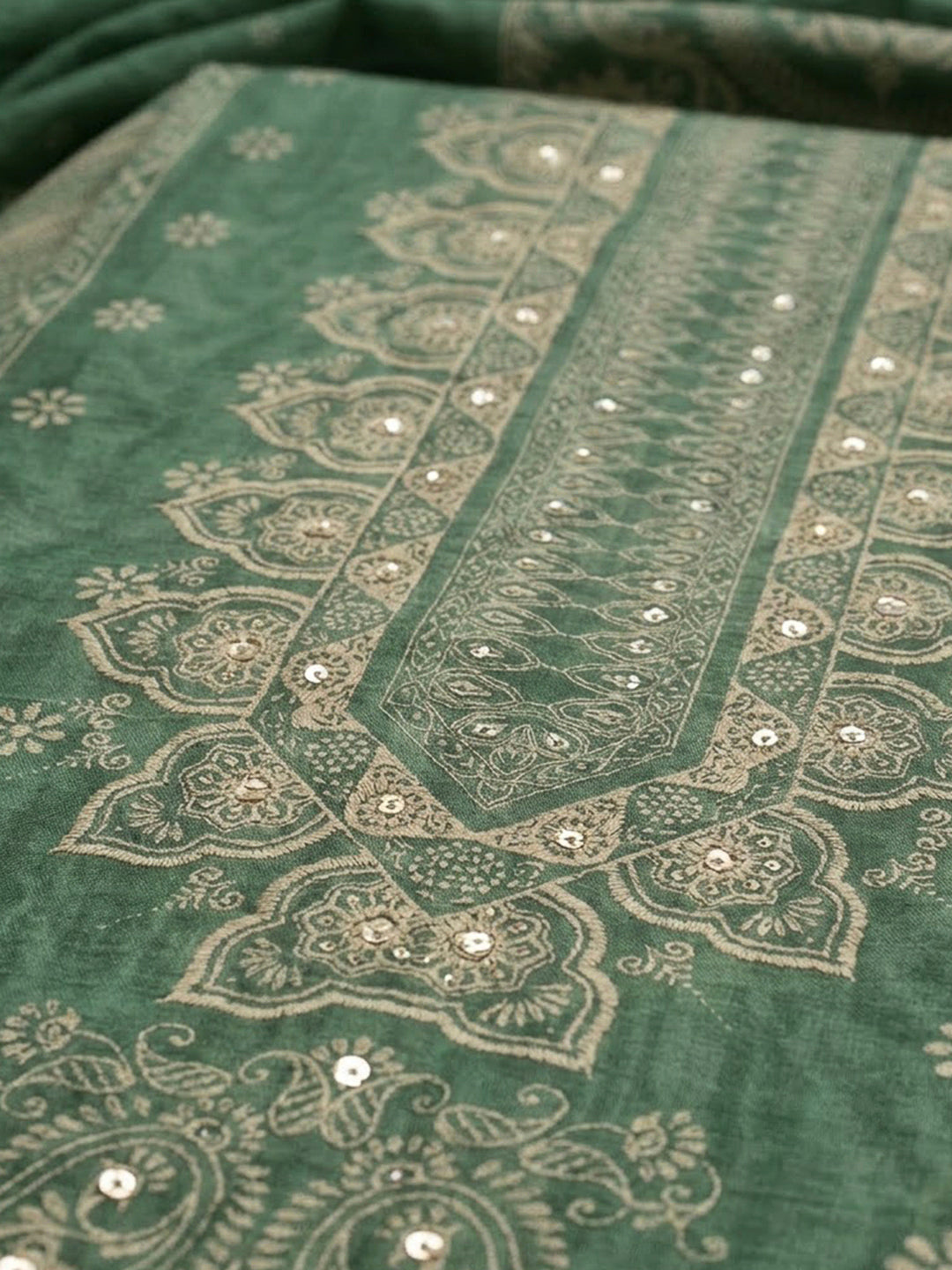 Aqua Green Chanderi Printed Unstitched Dress Material