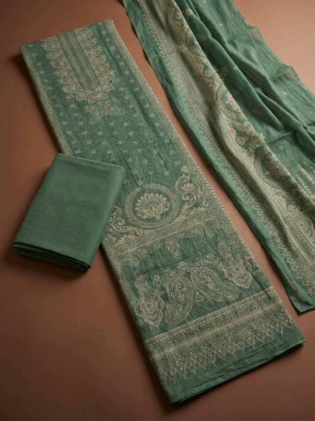 Aqua Green Chanderi Printed Unstitched Dress Material