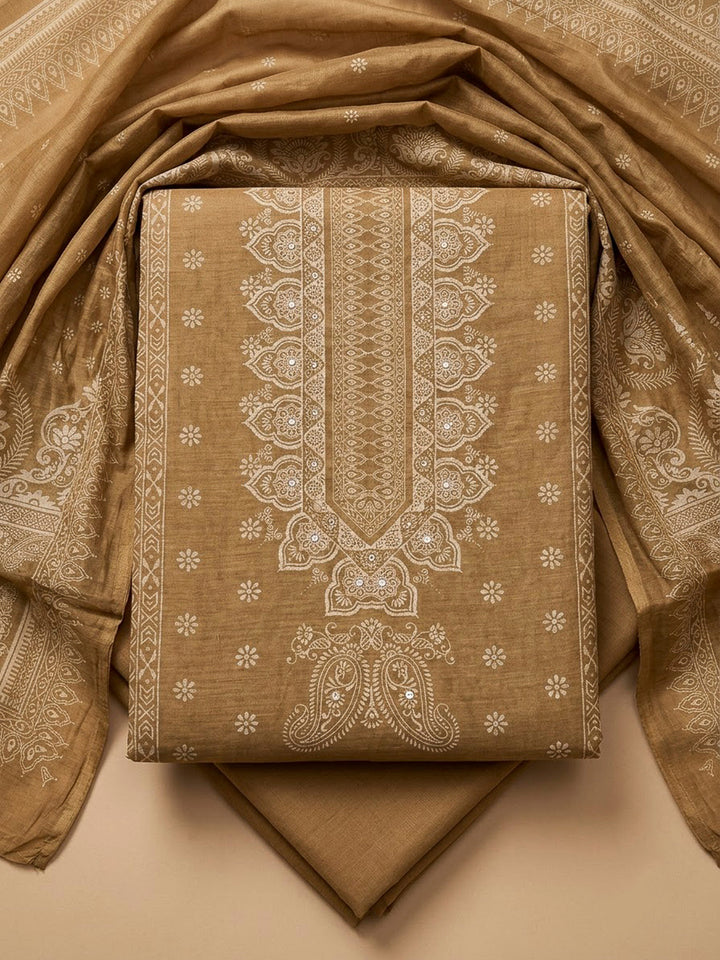 Beige Chanderi Printed Unstitched Dress Material