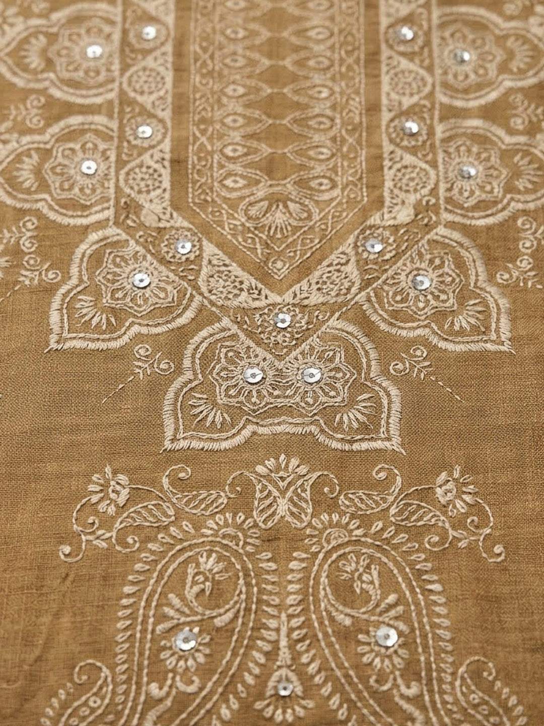 Beige Chanderi Printed Unstitched Dress Material