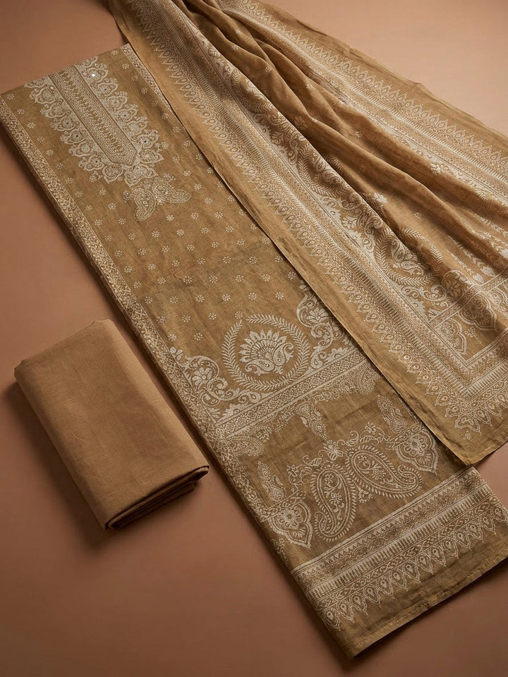 Beige Chanderi Printed Unstitched Dress Material