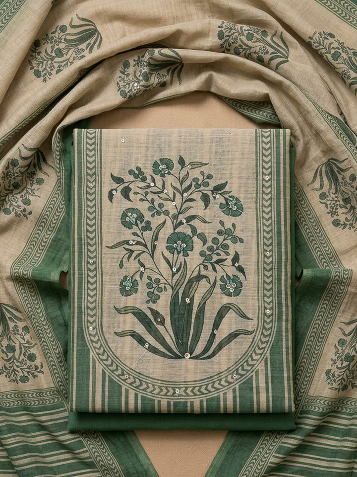 Green Chanderi Printed Unstitched Dress Material