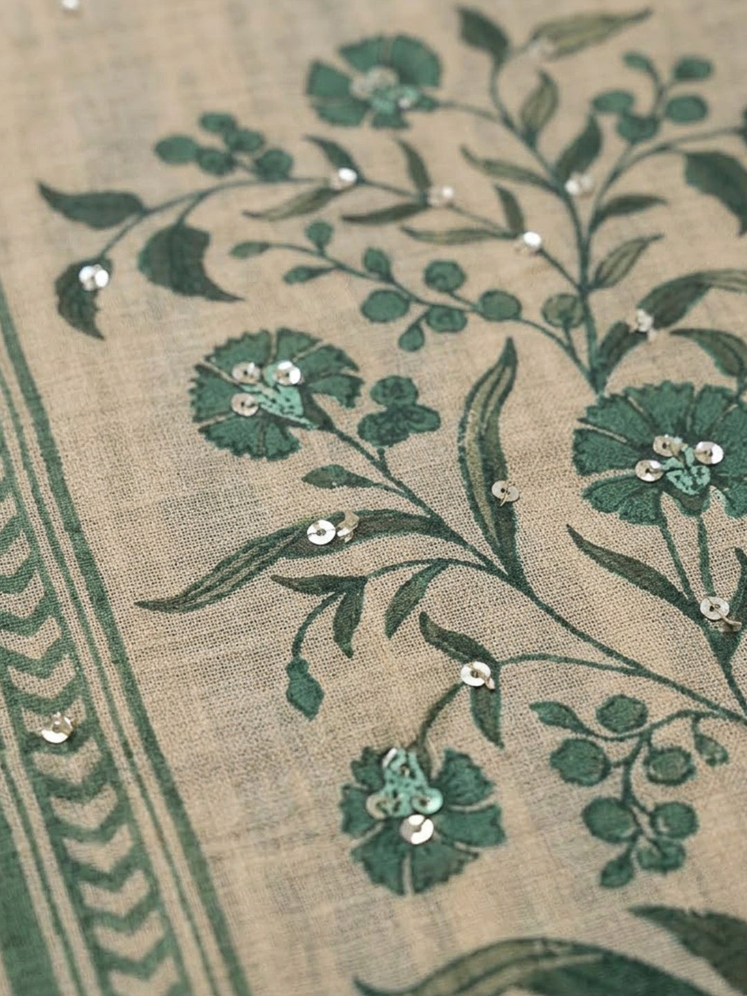 Green Chanderi Printed Unstitched Dress Material