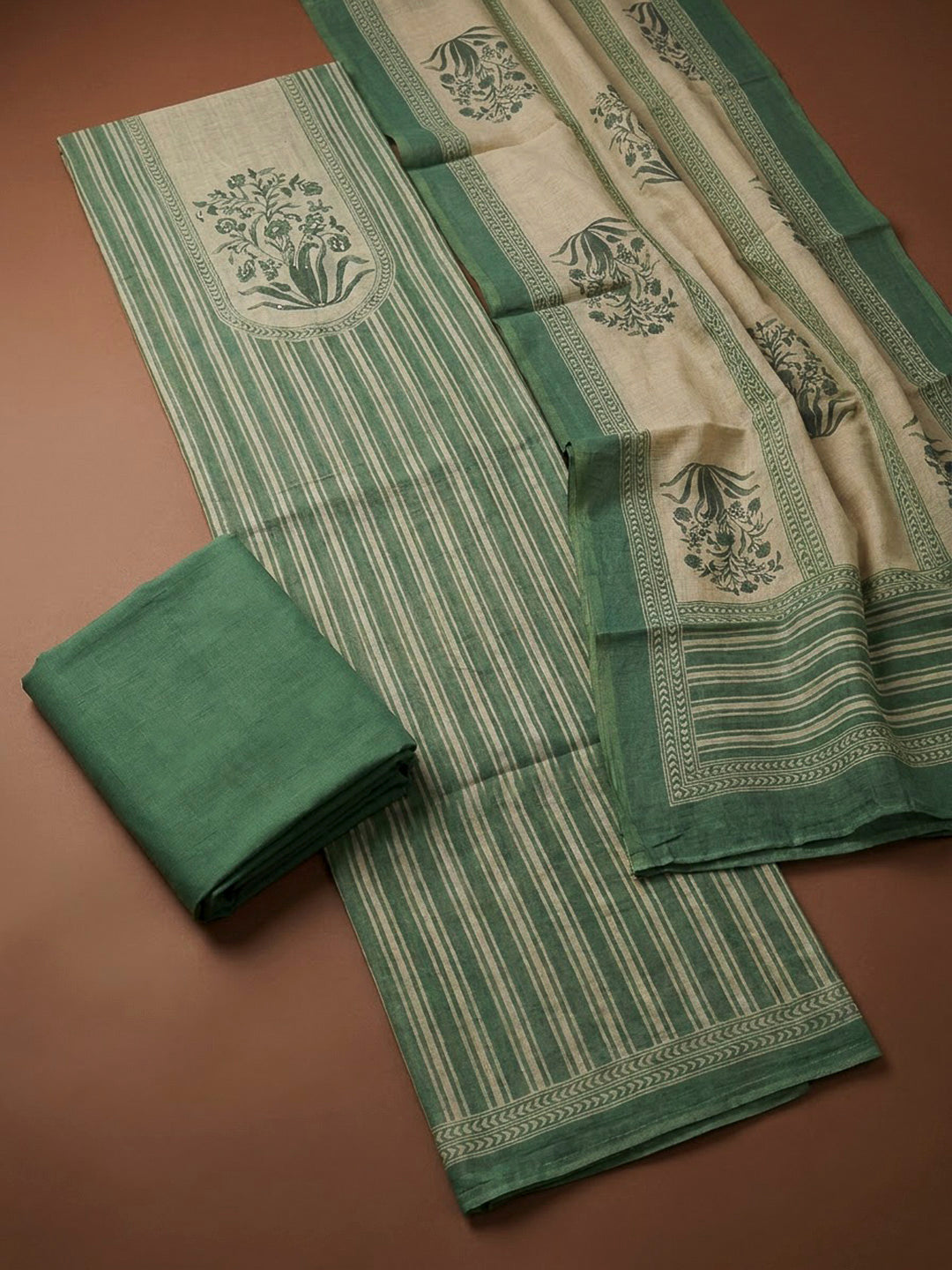 Green Chanderi Printed Unstitched Dress Material
