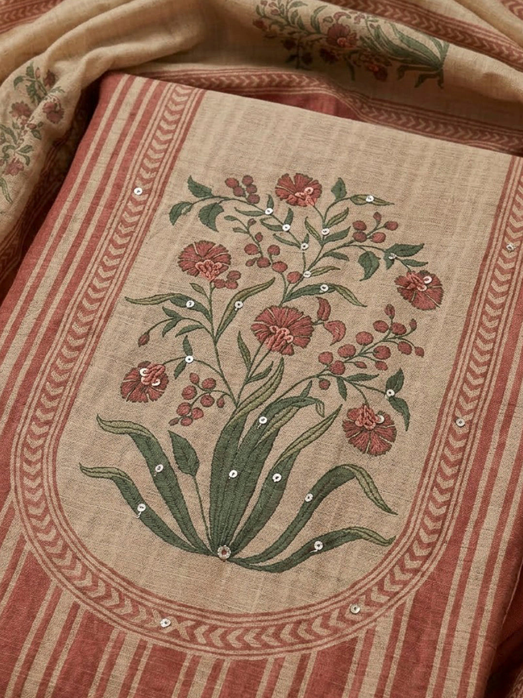 Pink Chanderi Printed Unstitched Dress Material