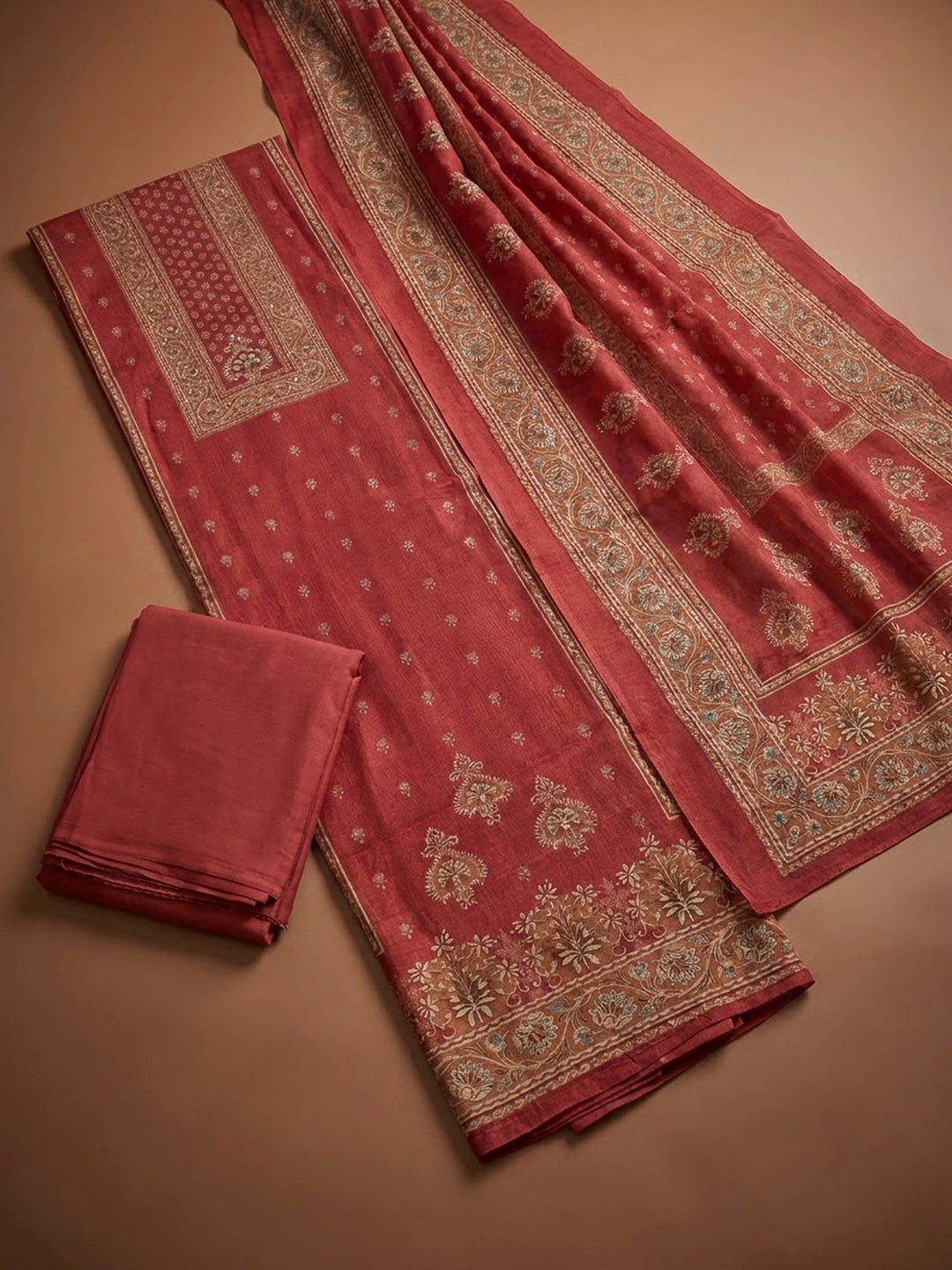 Onion Pink Chanderi Printed Unstitched Dress Material