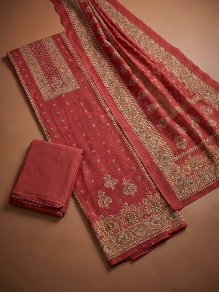 Onion Pink Chanderi Printed Unstitched Dress Material
