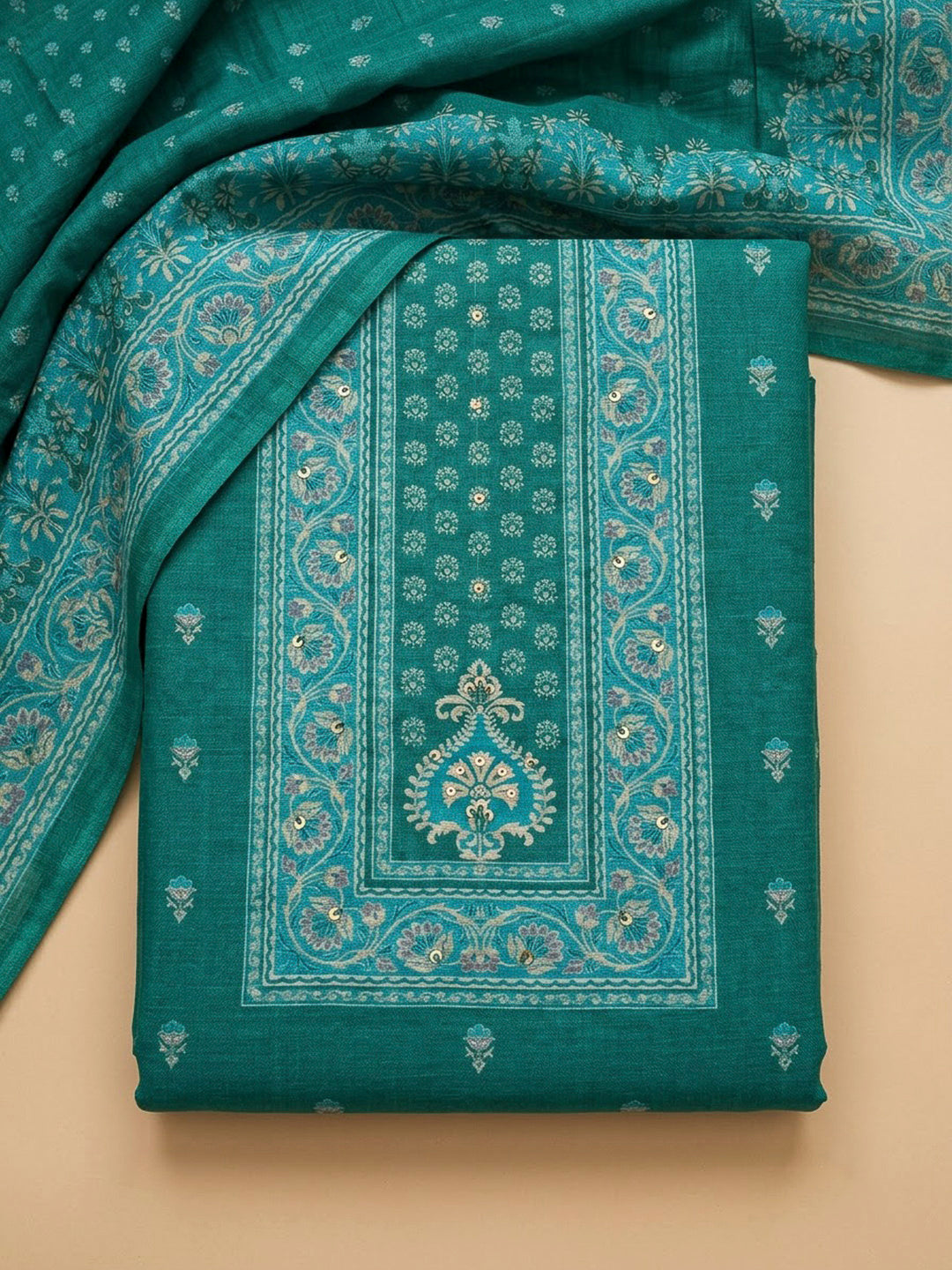 Rama Green Chanderi Printed Unstitched Dress Material