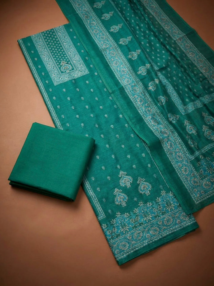 Rama Green Chanderi Printed Unstitched Dress Material