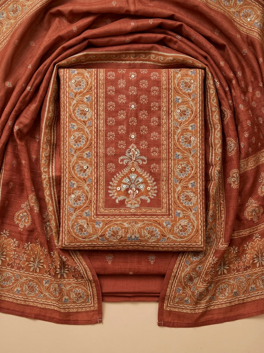 Rust Chanderi Printed Unstitched Dress Material