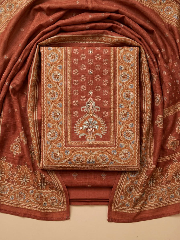 Rust Chanderi Printed Unstitched Dress Material