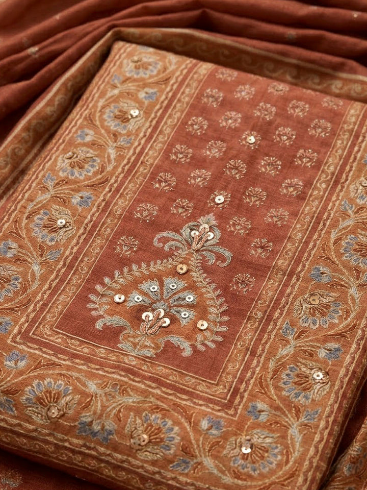 Rust Chanderi Printed Unstitched Dress Material