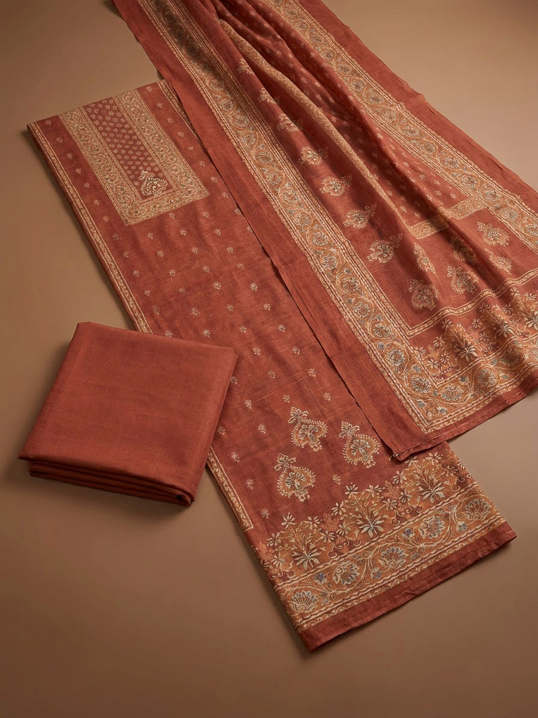 Rust Chanderi Printed Unstitched Dress Material