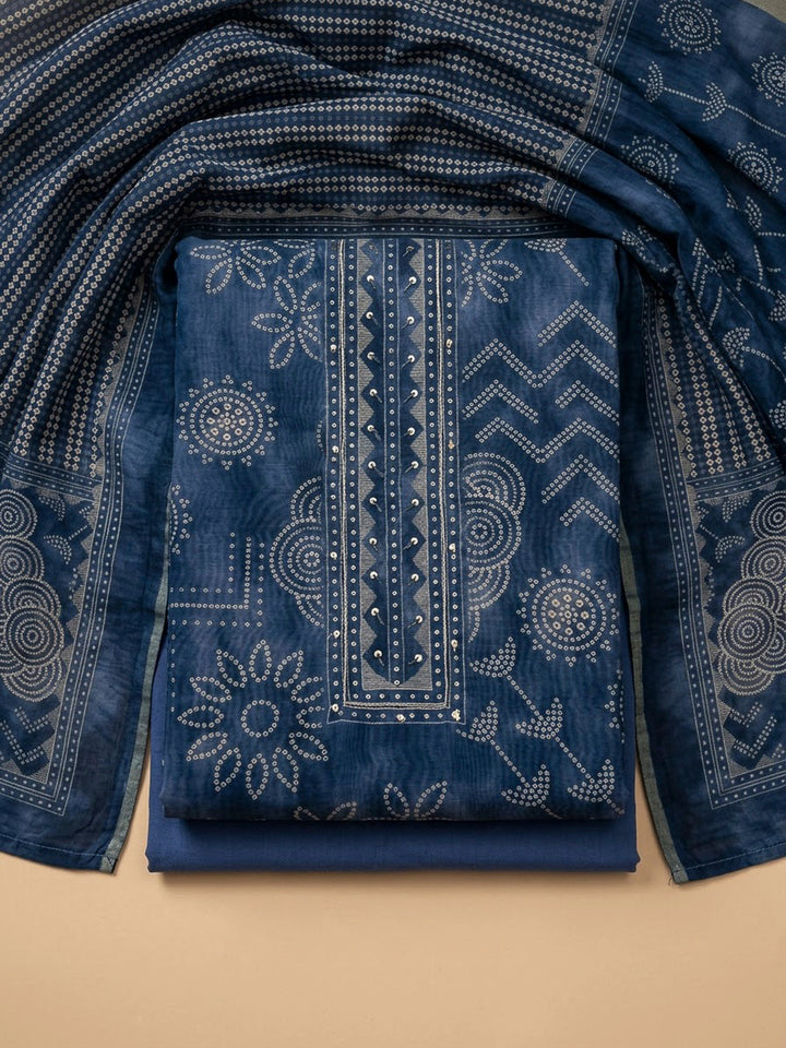 Blue Chanderi Printed Unstitched Dress Material