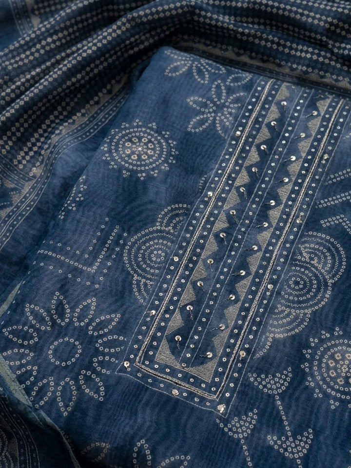 Blue Chanderi Printed Unstitched Dress Material