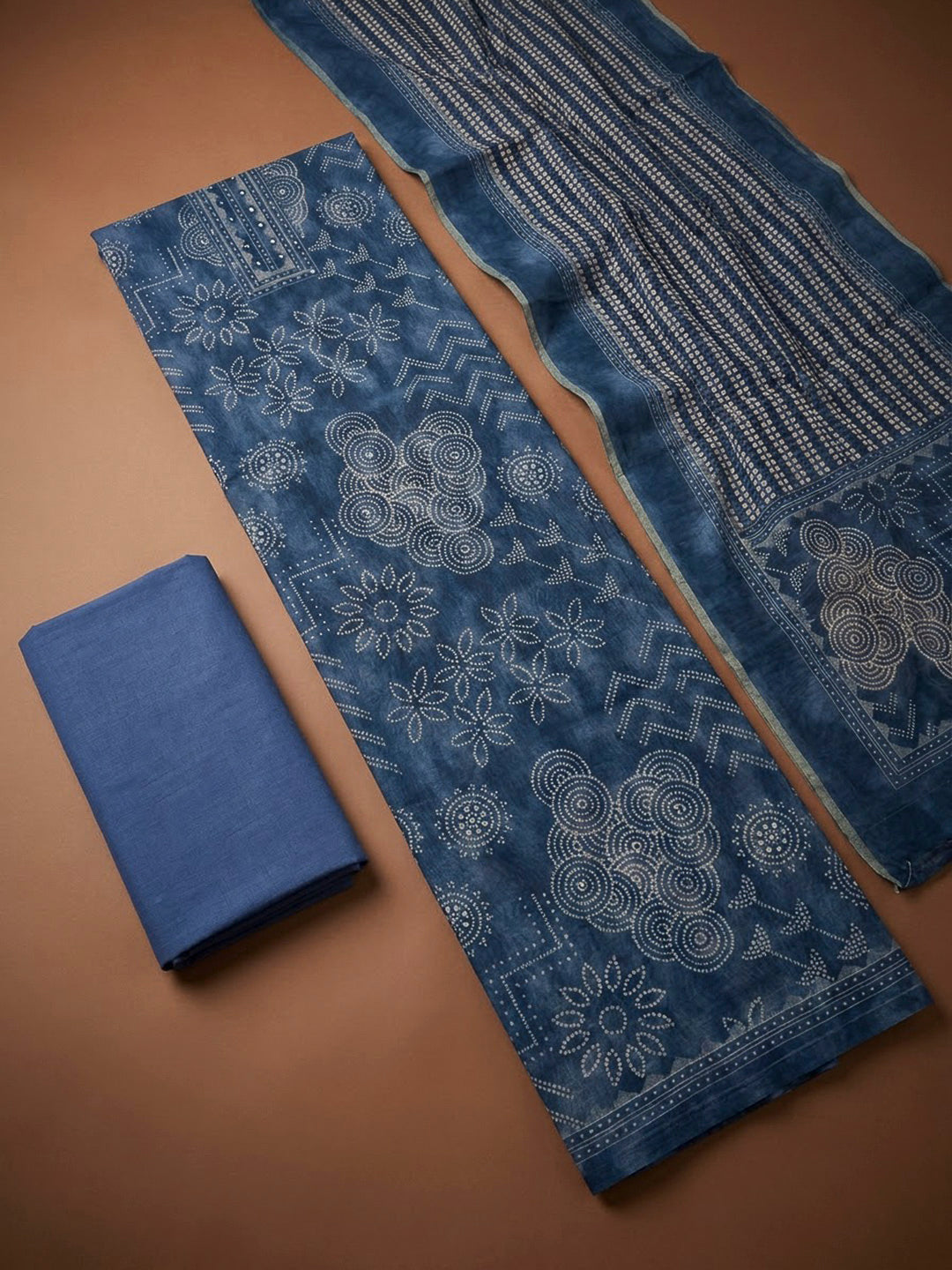 Blue Chanderi Printed Unstitched Dress Material