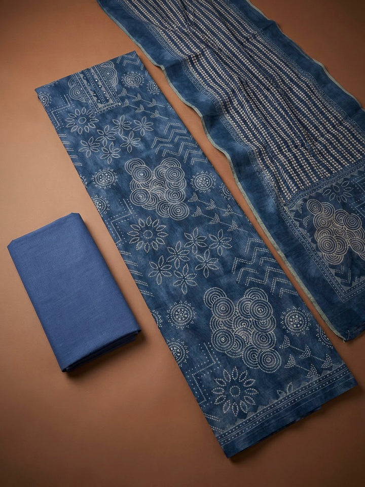 Blue Chanderi Printed Unstitched Dress Material